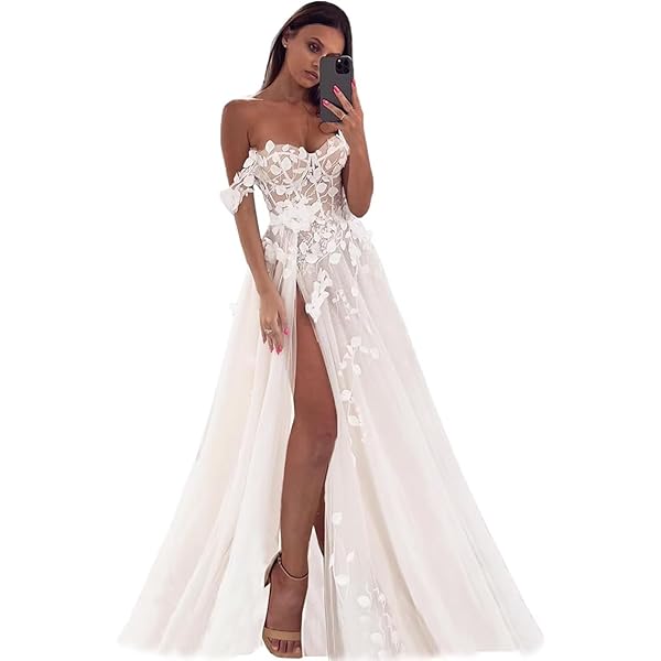 LIPOSA Women's Off The Shoulder Wedding Dresses High Slit A Line