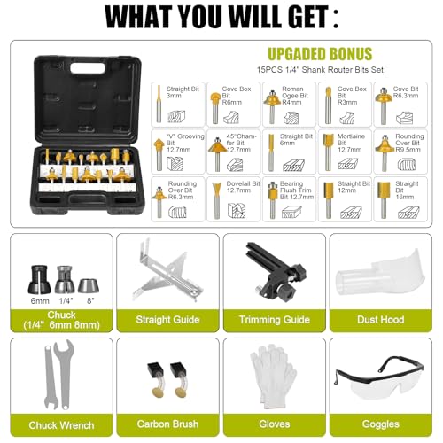 DEWINNER Electric Palm Router Tool, 710W Compact Wood Router Trimmer with Metal Base, 6Variable Speeds Router for Woodworking, Trimmer Router with hand Bag, 15pcs Palm Router Bits for Handwork and DIY