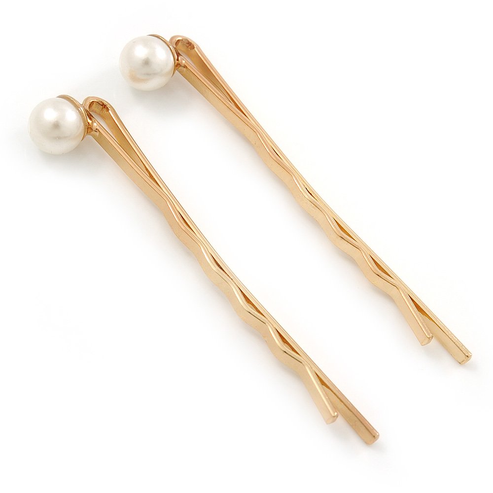 2 Bridal/Prom Wide Crystal, Simulated Pearl Hair Grips/Slides In Gold Plating - 55mm Across