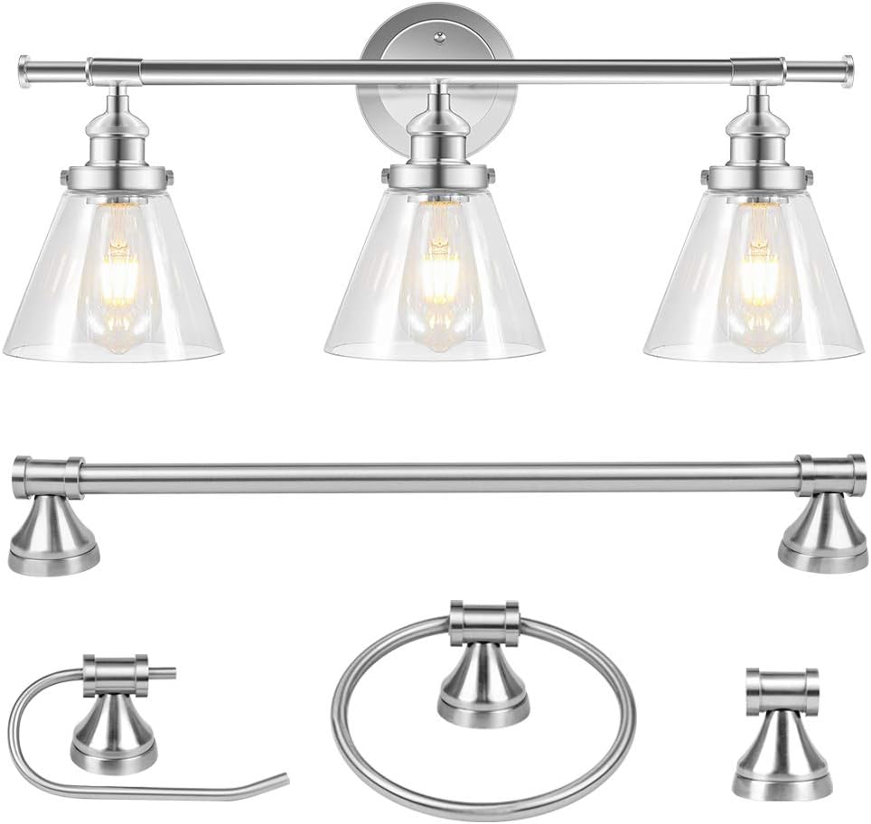 Amazon Com Rottogoon 5 Piece All In One Bathroom Set Vintage 3 Light Vanity Light Fixture With Glass Shades Towel Bar Towel Ring Robe Hook Toilet Paper Holder Chrome Silver Home Improvement