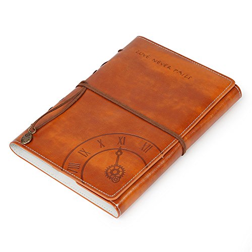 Vintage Refillable Leather Journals to Write in for Women Lined Paper, A5 Bound Notepad Diary, Daily Use Writing Gift Set with Inner Pockets/ Pen Holder/Dividers, Embossed Vegan Faux Leathe(A5, Brown)