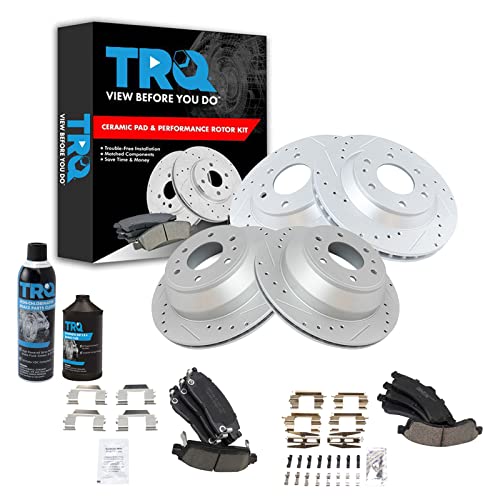 TRQ Front & Rear Brake Pad & Rotor Kit Ceramic Premium G-Coated Slotted X Drill…