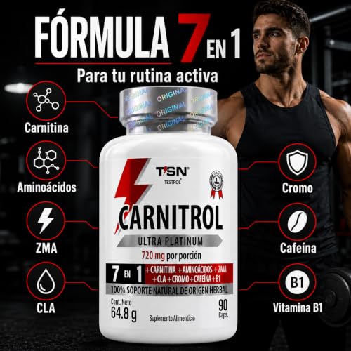 CARNITROL | PreEntreno 7 en 1 para Energía y Enfoque – 220 mg Cafeína por cápsula más L-Carnitina, ZMA, CLA, Picolinato de Cromo, B1 y D-TOX plus | TSN Testrol
