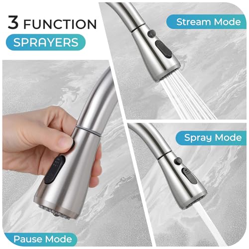 LUFG Brushed Nickel Kitchen Faucet with Pull Down Sprayer and Deck Plate | SUS 304 Stainless Steel, Single Handle, 3 Spray Modes, 360° Swivel Spout, RV Laundry Bar Sink, Deck Plate, NSF372 NSF61 cUPC