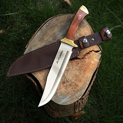Flissa 14-inch Bowie Hunting Knife, Full-tang Fixed Blade Wood Handle Knife with Leather Sheath for Outdoor Survival, Camping, Hiking