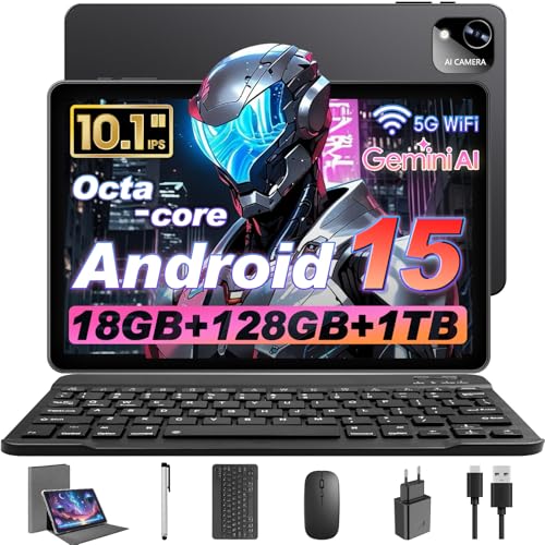 Raemond Android 15 10.1 Inch Tablet with Keyboard, Octa-Core T30, 18GB RAM, 128GB Memory up to 1TB TF, IPS Display 1280×800, WiFi 2.4G/5G, BT 5.2, GPS, Face ID, USB-C, 6000mAh Battery, Black