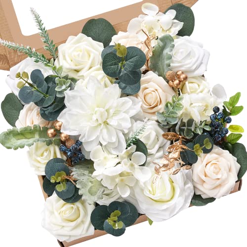 Photo 1 of Serwalin White Artificial Flowers Fake Roses Foam Silk Flowers Box Set for DIY Wedding Cake Bouquets Centerpieces Arrangements Party Baby Shower Home Decorations
