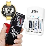 RED SHIELD Universal Battery Tester and Charger Bundle. Check, Test, and Recharge 9V, AA, AAA, Ni-MH, Ni-CD & Li-Ion Rechargeable Batteries. Adjustable Slider with Gauge Display. Worldwide Compatible.