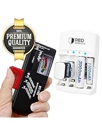 Pack de comprobador de batería y cargador universal de color rojo. Comprobar, probar y recargar baterías recargables de 9 V, AA, AAA, Ni-MH, Ni-CD y iones de litio. Deslizador ajustable con indicador de calibrador. Compatible con todo el mundo.