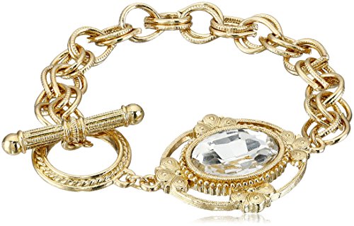 1928 Jewelry Silver-Tone Crystal Faceted Oval Stone Toggle Link Charm Bracelet, 7″