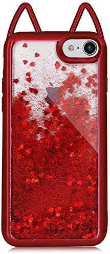 for iPhone 7 Case, for iPhone 8 Case, Yousorld 3D Sparkle Shiny Cat Ears Bling Glitter Soft Silicone Case with Liquid Love Heart Floating Soft Plating Transparent TPU Design (Red)