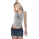 Women's Shiny Metallic Halter Top Sexy Backless Cowl Neck Club Night Crop Tops