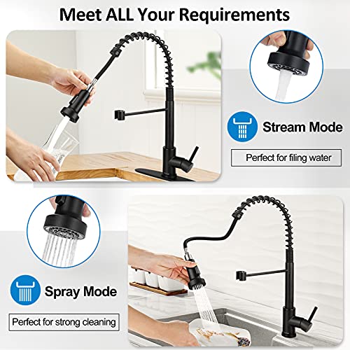 Matte Black Kitchen Faucet with Pull Down Sprayer, Lanhado Commercial Spring Kitchen Sink Faucet with Deck Plate, Single Handle One Hole Kitchen Faucets for RV, Stainless Steel Faucet for Kitchen Sink