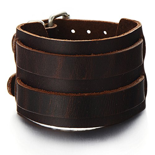 Pulsera Cuero Ancha, Pulsera de Hombre, Cuero Genuino , con tres hebillas