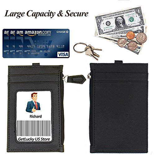 Badge Holder with Zipper,Boarding Pass Holder,2-Sided PU Leather ID Badge Holder with Retractable Badge Reel & Easy Clasp Keychain,1 ID Window 4 Card Slots 1 Zipper Pocket, 17.8” Neck Lanyard (Black)