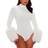 THLAI Black Bodysuits for Women Mock Neck Faux Fur Cuff Long Sleeve Body Suits Going Out Tops Sexy Club Outfits Romper