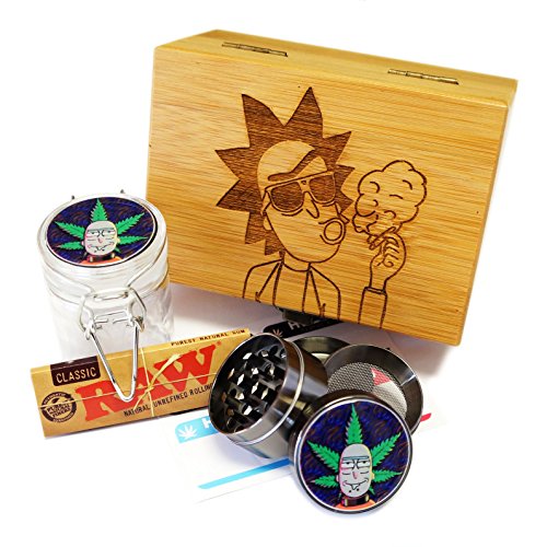 Rick-Smoking Laser Etched Sacred Geometry Stash Box, 1.6" Zinc Alloy Grinder, Small Stash Jar - ALL IN ONE Box Package Item# WBCS011518-1