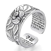 PeiQila Real 999 Silver Jewelry,Lotus Flower Open Buddhistic Heart Sutra Ring,Free Size Retro Gifts for Men and Women