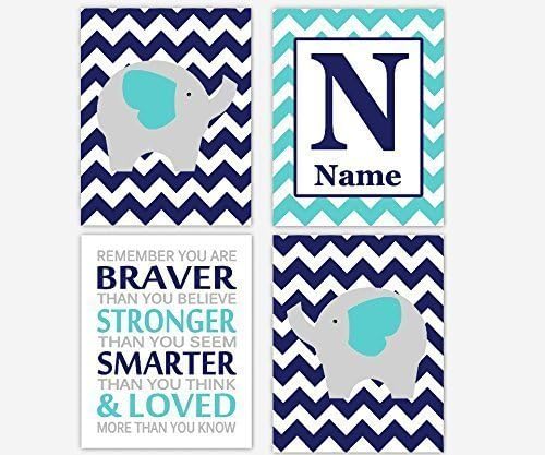 Elephant Boy Nursery Wall Art Prints Navy Blue Gray Teal Elephants You Are Braver Personalized Name Art Boy Room Wall Decor Baby Nursery Decor Always Remember SET OF 4 UNFRAMED PRINTS