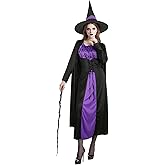 JEGERMIG Women Halloween Witch Dress Gothic Costumes Medieval Renaissance Long Sleeve with Black Purple Hat