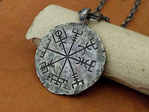 925 Sterling Silver Viking Compass Vegvisir Pendant Hand Hammered Norse Jewelry Necklace