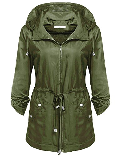 Elever Women's Detachable Hooded Drawstring Anorak Military Utility Jacket Army Green S - Thumbnail 6