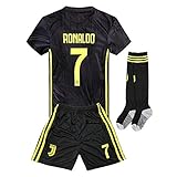 2018-2019 Away C Ronaldo #7 Juventus Kids Or Youth Soccer Jersey & Shorts & Socks Black 9-10Years/Size 26