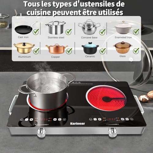 Karinear Portable 2-Burner Ceramic Hob with Handle, Electric Camping Hob, 650°C Max, 2 Burners with VDE Socket, Child Safety, Residual Heat Indicator, 220-240V