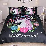 Sleepwish Unicorn Bedding 3 Piece Flower Girl Bedding Set Cartoon Unicorn Pink Black Bedspreads Cute Duvet Covers for Teens (Queen)