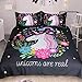Sleepwish Unicorn Bedding 3 Piece Flower Girl Bedding Set Cartoon Unicorn Pink Black Bedspreads Cute Duvet Covers for Teens (Full)