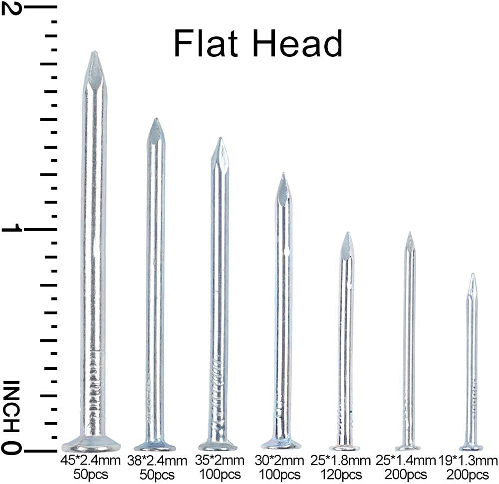 HongWay 1500pcs Hardware Nails Assortment Kit, Galvanized Nails Set, Assorted 12 Sizes Wire and Common Brad Nails Flat Nails Finishing Nails Wall Nails for Pictures Hanging Woodworking