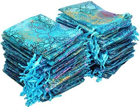 FASOTY 100pcs Wedding Favor Bags Candy Pouch Organza Drawstring Pouches Jewelry Bags Blue Coralline Pattern (Blue M 3.5''x4.7'')