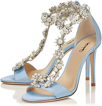 XYD Cocktail Party Evening High Heeled Stilettos Wedding Rhinestones Sandals T-Strap Crystal Pumps for Women Size 9.5 Light Blue