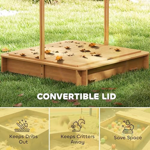 Outsunny Kids Wooden Sandbox w/Adjustable, retractible Canopy & Foldable Bench Seats for 3-7 Years Old, Light Brown