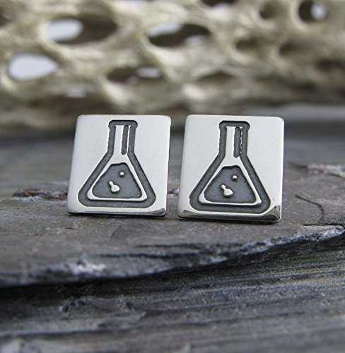 Science geek earrings labratory flask beaker sterling silver post studs. Handmade in the USA