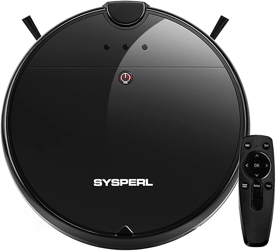 SYSPERL V10 Robot Vacuum Cleaner, Self-Charging Robotic Vacuum Cleaner, 1800Pa Strong Suction, Ideal for Pet Hair, Hard Floor and Low Pile Carpet, Black.
