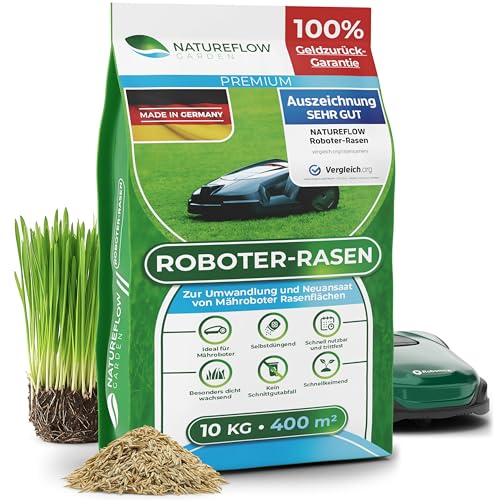 Roboter Rasensamen Schnellkeimend 10kg Sommer – TEST SEHR GUT - Selbstdüngend Roboter Rasensaat für ALLE Mähroboter - 100% Keimgarantie - Nachsaat Gra
