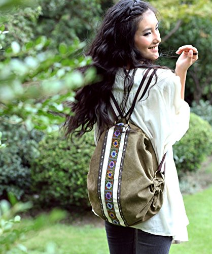 Women Canvas Backpacks Embroideried Daypack Casual Shoulder Bag, Shool Bag Laptop Backpack for Girls (Bucket Shape & Drawstring)