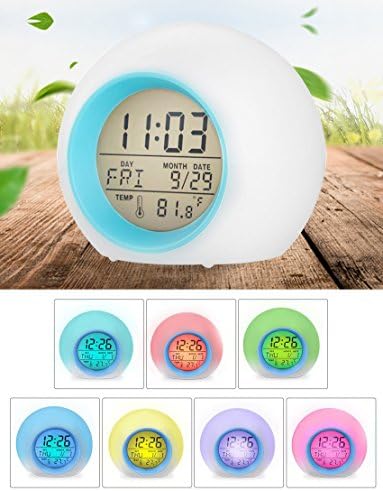 Wocst Alarm Clock, Wake Up Light Digital Clock with Indoor Temperature & Calendar & 6 Natural Sound & 7 Colors Changing Light for Kids, Children, Working Parents, Students etc (Blue