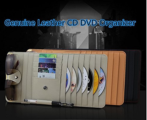 Genuine Leather 10 PocketS Car Sun Visor CD DVD Organizer , Car Sun Visor Storage,CD Holder,CD Visor Organizer For Car with Glasses and Pen Holder (Beige) - Thumbnail 3