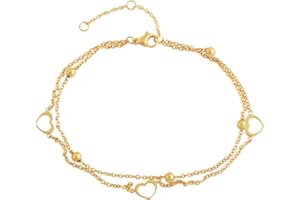 Edforce Stainless Steel 3 Heart Double Chain 5 Balls Charms Anklet Bracelet Foot Jewelry, 8.5"+2" Extender