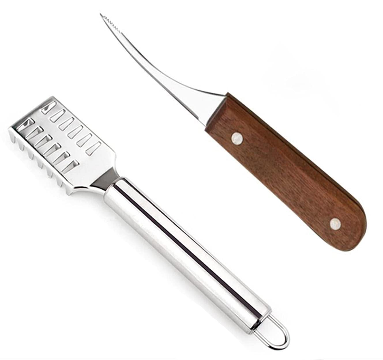 XPOOP 1 Piece Fish Scale Remover Brush & 1 Piece Shrimp Knives, Stainless Steel Fish Scaler Brush & Shrimp Viscera Removal Tool, Fish Descaler Cleaning Tools Fish Descaling Tool