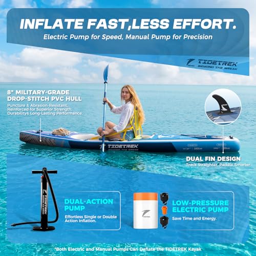 TIDETREK Inflatable Touring Kayak with Waterproof Seat & Premium Accessories, 11'3" x 35" x 8" Ultra-Stable SUP Kayak Hybrid, Non-Slip Comfort Deck for Adults & Youth