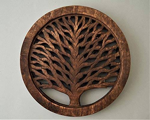 Set of 2 Wooden Trivet Tea Pot Holder Tree of Life Design Heat Resistant Durable Handmade Mango Wood Kitchen Dining Table Accessories Dia 8'' Inch (Set of 2 Walnut)