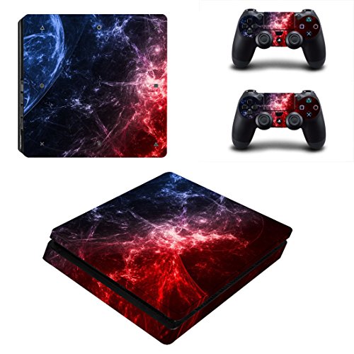 FOTTCZFull Body Red and Blue Cosmic Nebular Protective Vinyl Skin Decal for PS4 Slim Console and 2PCS Controller Skins Stickers
