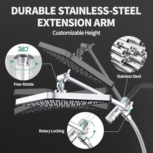 12 Inch Wide Rain Shower Head with Filtered Handheld Combo, High Pressure Rainfall Shower Head, 9 Spray Modes Handheld with 9-Inch Extension Arm, Comes with Filter Removes Chlorine (Chrome)