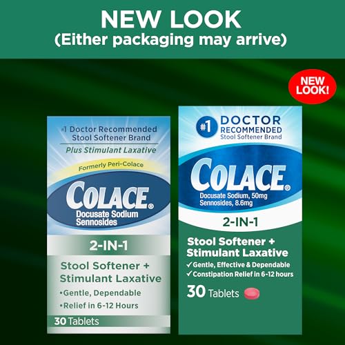 COLACE 2-IN-1 STOOL SOFTENER & STIMULANT LAXATIVE TABLETS, GENTLE CONSTIPATION RELIEF IN 6-12 HOURS, 30 COUNT