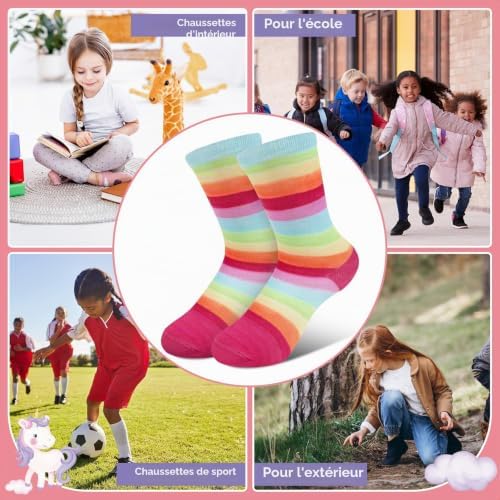 Lot de 6 Paires de Chaussettes Enfants Filles Rayures Colorées Arc-en-ciel Nuages Étoiles Chaussettes Crew Cadeau Doux de 5 à 8 Ans Taille 28-31