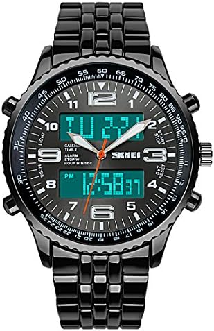 Gets Mens Stainless Steel Watch Water Resistant 3 ATM Business Casual Dual Time Display Date LED Digital Wristwatch (Black)