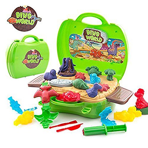 Deardeer Kids Play Dough Dinosaur Play Set 26 Pcs Pretend Play Toy Kit with Dough and Moulds in a Portable Case